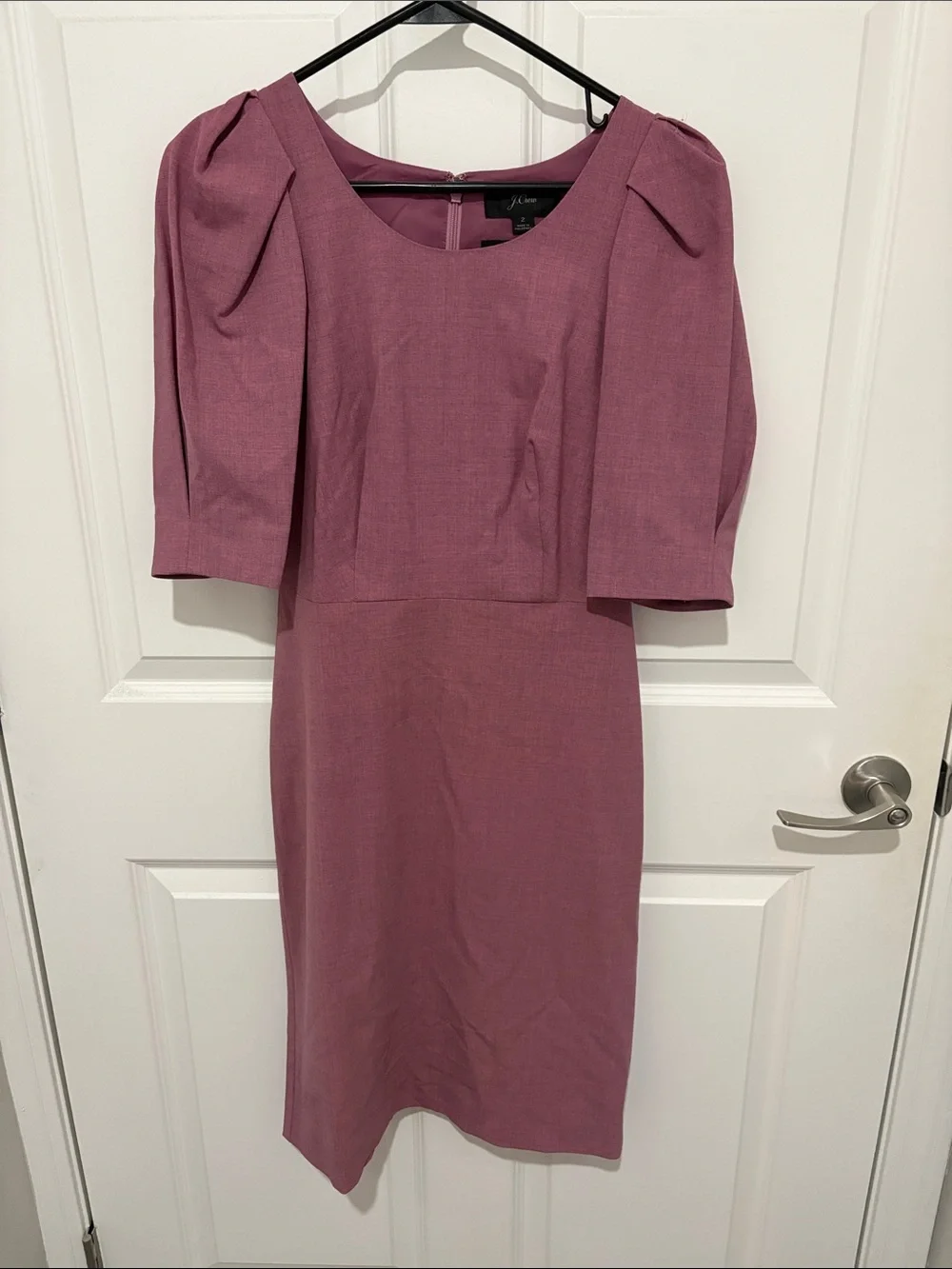 J. Crew Mauve Midi Sheath Dress with Puff Sleeves
